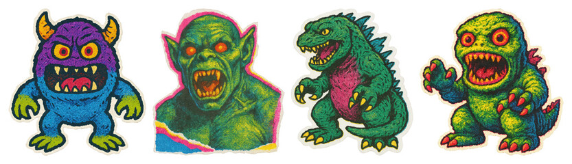 PNG Colorful retro monster stickers, element set on transparent background