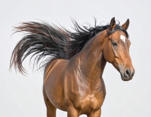 Fototapeta premium A majestic brown horse with flowing mane and proud posture, captured in a moment of dynamic movement and beauty.