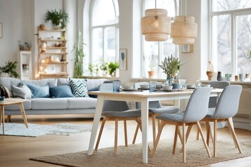 Light and airy dining area with a comfortable sofa.