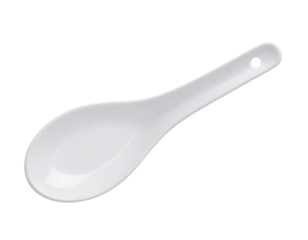 A simple white plastic spoon, a common piece of cutlery, isolated on a white background.