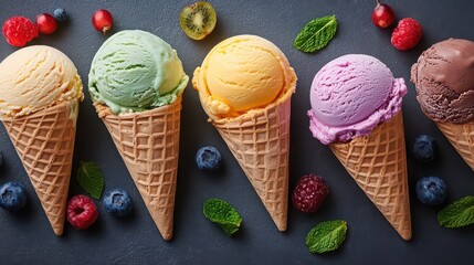 Assorted ice cream cones with berries and kiwi on a dark surface from a top down perspective view
