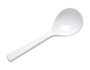 A simple white plastic spoon, a common piece of cutlery, isolated on a white background.