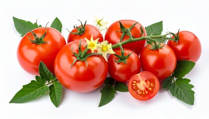 Ripe red tomatoes on vine with green leaves and yellow flowers, one sliced to reveal juicy interior, on white background