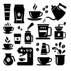 Coffee icons showing various brewing methods and serving styles in a simple black and white vector illustration perfect for cafe menus and branding