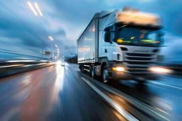 White delivery truck driving fast on highway at dusk