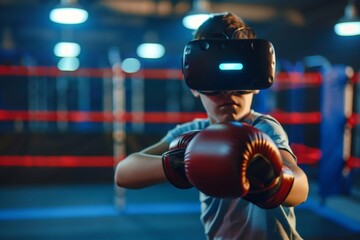 Young boxer wearing vr headset practicing boxing in metaverse gym
