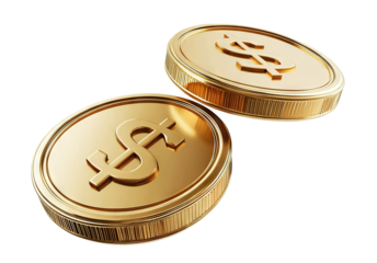 Two golden coins with embossed dollar symbols, isolated on transparent cutout background