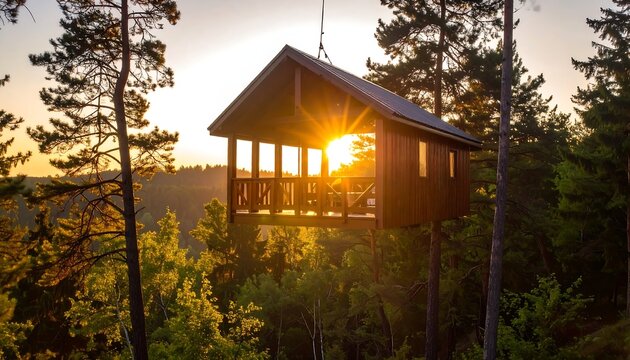 Sunset view from elevated cabin in woods - Powered by Adobe