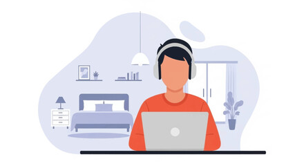 Young person in headphones works on a laptop in a cozy home setting, representing remote work, online learning, or digital communication. Ideal for business, education, and lifestyle concepts.