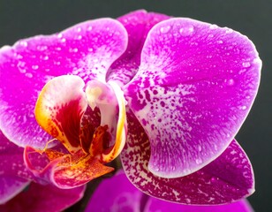 Close-up of a vibrant pink orchid with water droplets