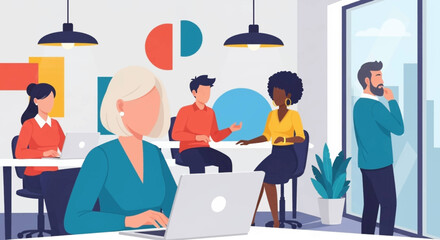 Diverse professionals work diligently and collaborate in a vibrant, modern open-plan office, representing business productivity, teamwork, and contemporary corporate lifestyle.