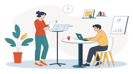 Professional colleagues collaborating in a modern office, analyzing data and working efficiently. Ideal for business, teamwork, or corporate productivity concepts.