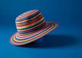 虹色の麦わら帽子、青の背景