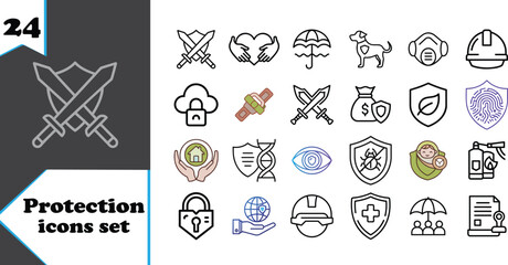 Fototapeta premium Collection of protection icons set featuring swords shield cloud padlock and safety helmet