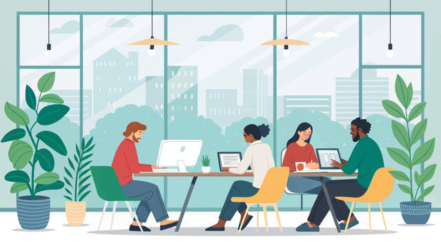 Diverse professionals collaborating in a modern, plant-filled office with a city view, embodying teamwork, productivity, and a positive work environment.
