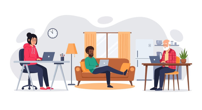 Diverse individuals working from home on laptops, illustrating remote work flexibility, productivity, and modern lifestyle trends across different generations.