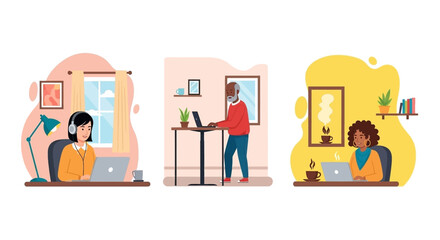 Diverse individuals working from home with laptops, showcasing remote work, flexible modern business, and professional communication in various settings.