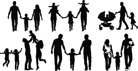 Silhouettes of Families with Children in Daily Life Activities Including Walking, Playing, Parenting, and Bonding – Vector Illustration
