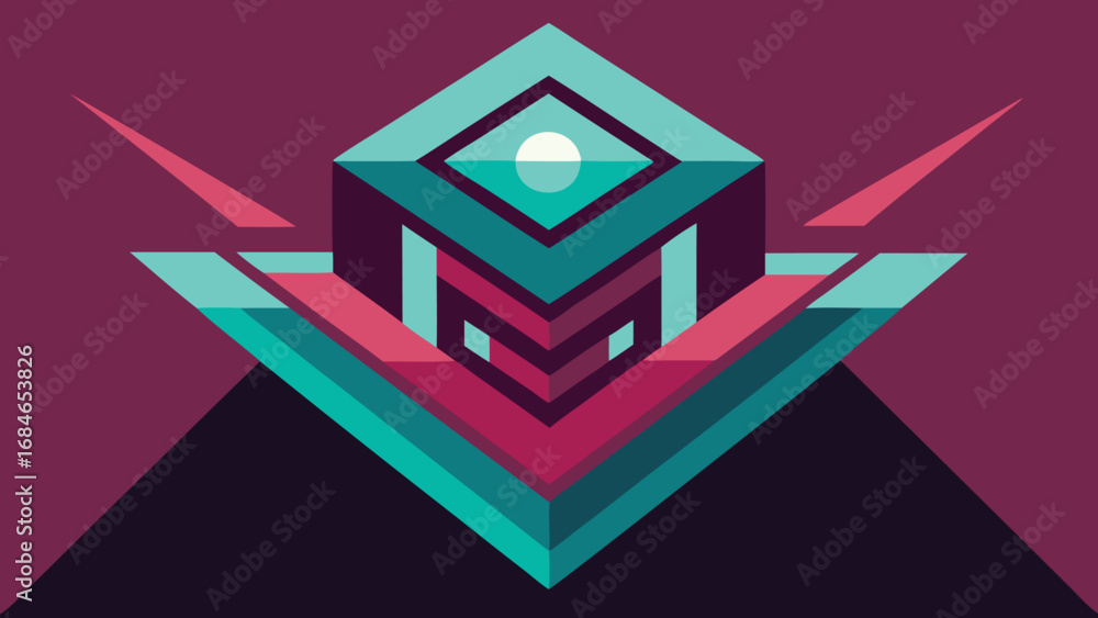 Aufkleber abstract geometric cube with eye-like element and rays on purple background shape