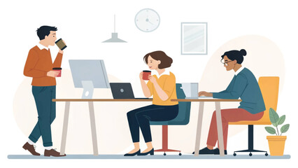 Diverse colleagues collaborate and work in a modern office, enjoying coffee breaks. Ideal for business, teamwork, and startup concepts.