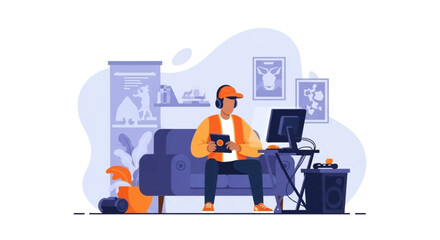 Young person in headphones relaxing on a sofa, engaged with a tablet and computer. Ideal for concepts of home entertainment, online learning, or remote work lifestyle.