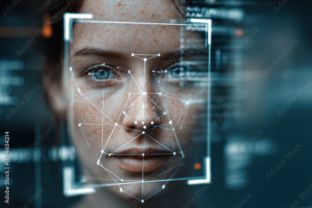 Poster biometric verification screen showcasing facial recognition technology with a focus on user identifi