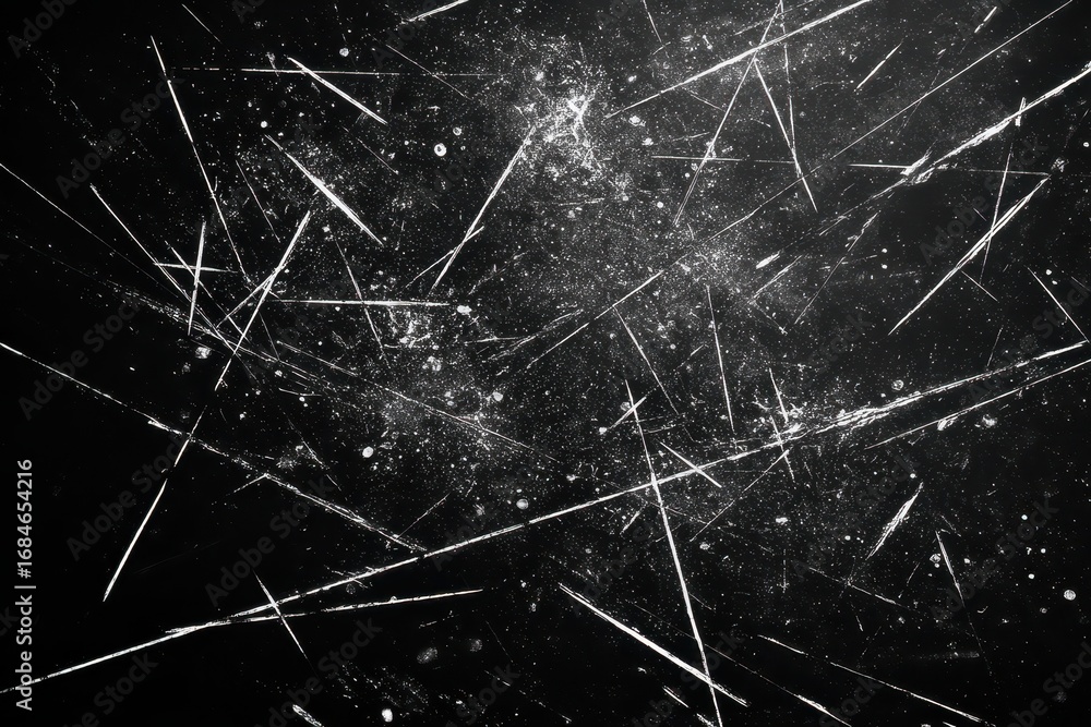 Poster distressed white scratches create a dynamic texture on a black background, illustrating depth and mo