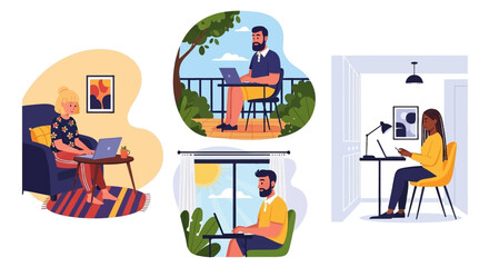 People working remotely from diverse home locations – living room, balcony, home office – illustrating flexible work, productivity, and modern lifestyle.