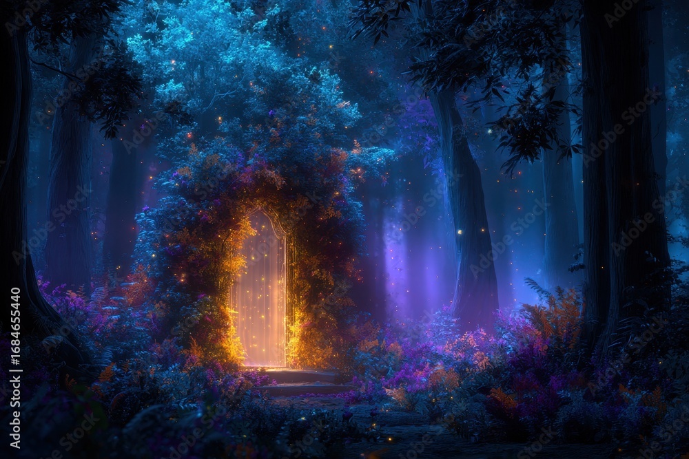 Poster mystical gateway illuminated by glowing magic in an enchanted forest during twilight hours