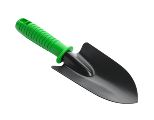 A green hand trowel or small shovel with a wooden handle, a gardening tool, isolated on a white background.