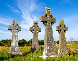 Ancient Celtic crosses in a field