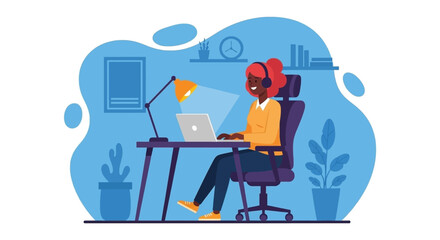 Happy woman working remotely on laptop with headphones in a cozy home office, ideal for business, education, or lifestyle themes.