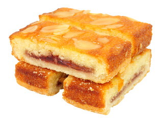 Group of almond slices, pastry bases layered with plum and raspberry jam sponge sprinkled with flaked almonds isolated on a white background