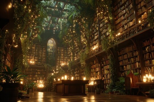 Enchanting fairytale library with animated lights and lush greenery creates a magical atmosphere for reading and exploration during twilight hours