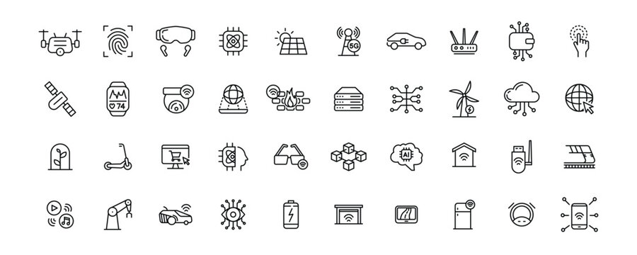 Technology Line Icons Set &mdash; AI, IoT, 5G, Smart Devices, Cloud Computing, Renewable Energy, Automation. Technology Icon Collection