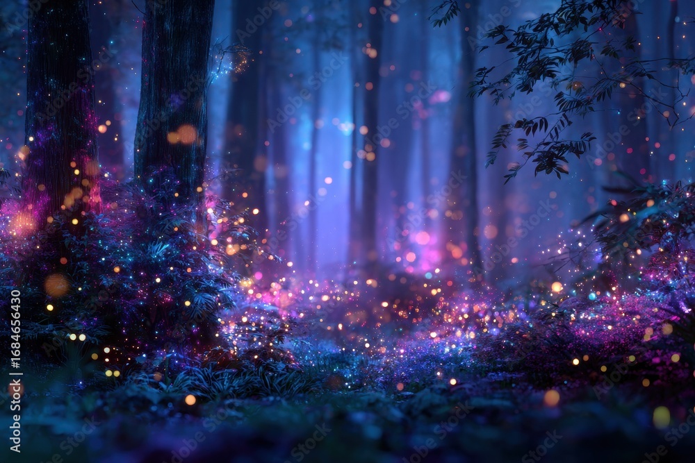Poster fantasy firefly lights illuminate a magical forest at twilight with enchanting colors and soft glows