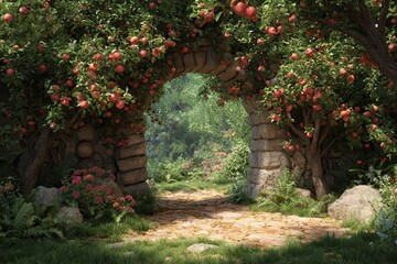 Naklejka premium Explore a magical garden featuring fantasy apple trees with a natural stone archway surrounded by vibrant greenery and blooming flowers at golden hour
