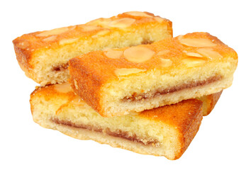 Group of almond slices, pastry bases layered with plum and raspberry jam sponge sprinkled with flaked almonds isolated on a white background