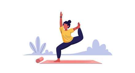 Fototapeta premium Woman practicing a balancing yoga pose outdoors, promoting fitness, wellness, and a mindful lifestyle. Ideal for health, exercise, or spiritual content.