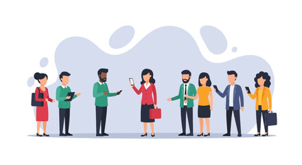 Diverse business professionals interacting and using mobile devices, representing modern communication, networking, and teamwork in a corporate setting.