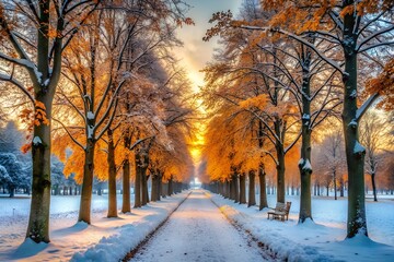 Snowy park pathway lined with trees with autumn leaves during sunset