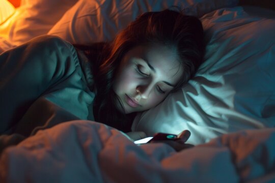 Young woman is using smartphone in bed before sleeping - Powered by Adobe
