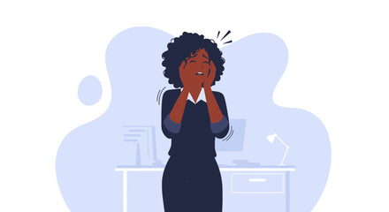 Overwhelmed businesswoman stressed in the office, depicting burnout, headache, or work pressure. Concept for mental health and workplace stress.
