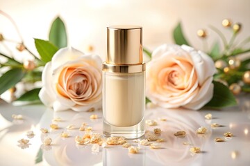 A bottle of foundation with a golden cap surrounded by soft pink roses and delicate petals