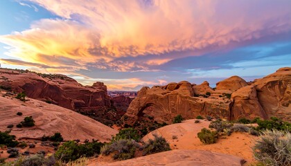 Sunset over dramatic rock formations
