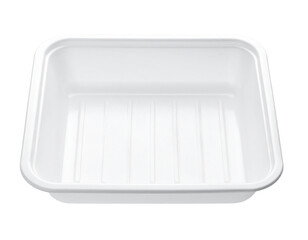 A simple white styrofoam plate or tray, a disposable item, isolated on a white background.