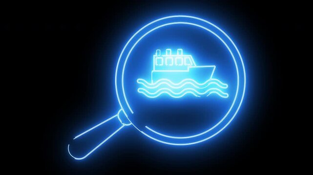 magnifying glass icon and ship icon with neon effect