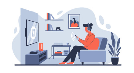 Person relaxing on a couch, using a smartphone with headphones, surrounded by home entertainment devices. Modern digital lifestyle and connectivity.