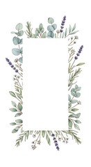Watercolor Frame with Lavender, Eucalyptus, Rosemary, and Small White Flowers