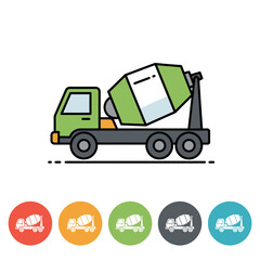 A vibrant, modern line art illustration depicts a green cement mixer truck, essential for construction projects and building infrastructure development.